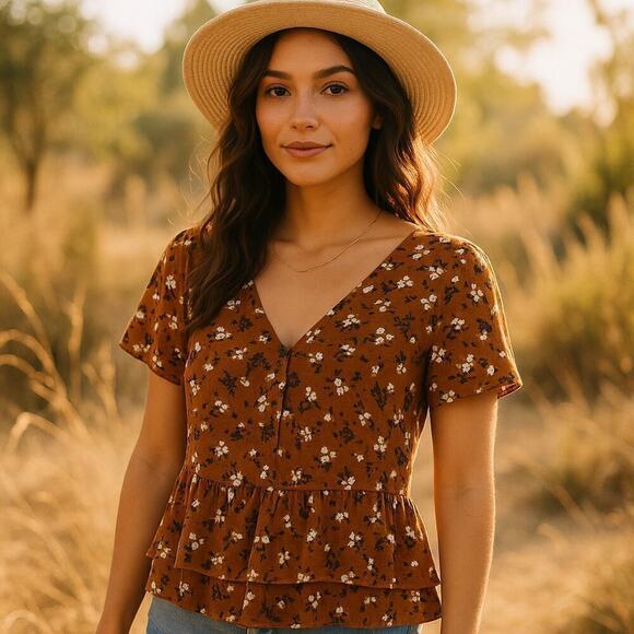Abound Tops - Abound Floral Peplum Brown White High Low Hem Short Sleeve Top – Size Small